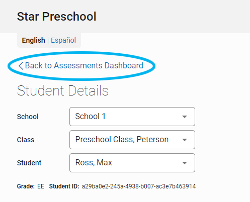 the Back to Assessments Dashboard link