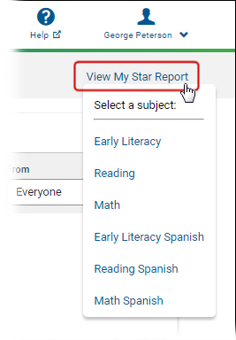 The View My Star Report drop-down list, showing the Star programs the student can create a report for.