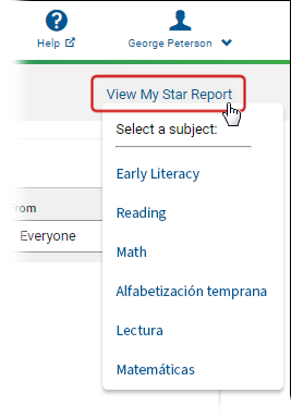 The View My Star Report drop-down list, showing the Star programs the student can create a report for.