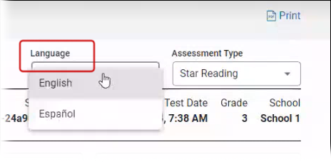 The Language drop-down list, where the student can choose to see the report in English or Spanish.