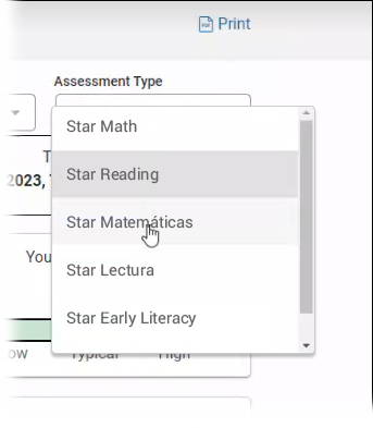 The Assessment Type drop-down list, where the student can choose a different Star program to create the report for.