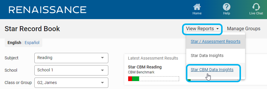 the View Reports menu and the Star CBM Data Insights option