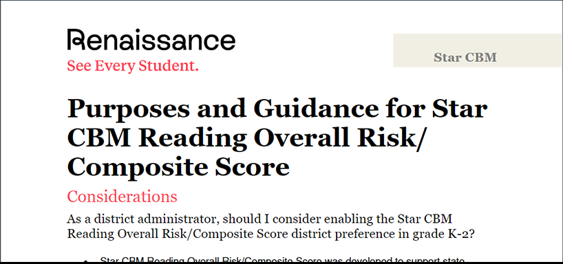 Objetivos y Guía para el Puntaje de riesgo/compuesto de Star CBM Reading