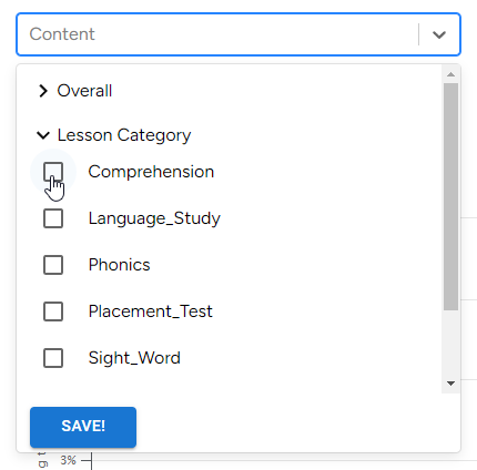 Lalilo Lesson Category options in the Content drop-down list