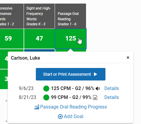 an example of a student's scores for a measure in the school year