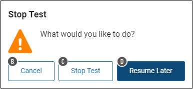 The Stop Test window, with the Cancel, Stop Test, and Resume Later buttons.