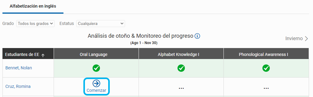 ícono de Comenzar de la primera evaluación en la tabla