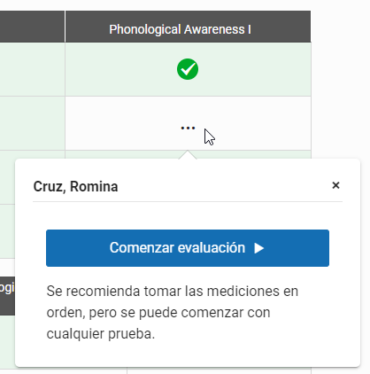 ejemplo que muestra los tres puntos seleccionados y la opción de Comenzar evaluación en una ventana emergente