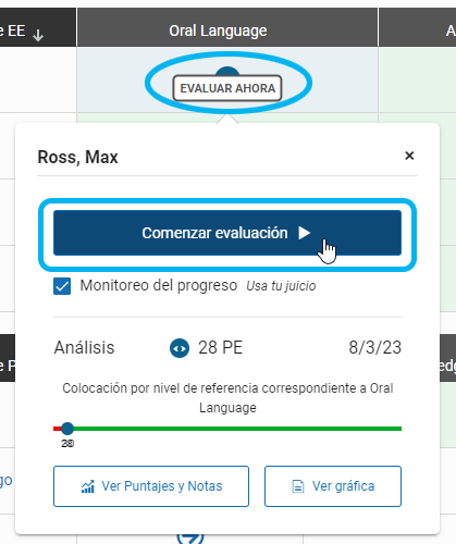 ícono de Evaluar ahora y la ventana emergente con la opción Comenzar evaluación