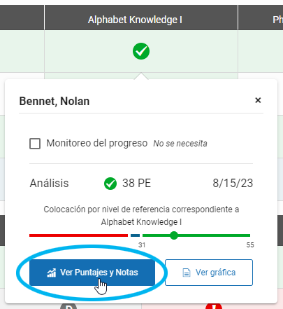 ejemplo de un puntaje seleccionado y el botón Ver puntajes y notas