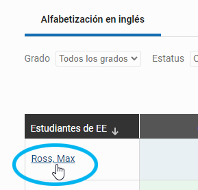 en el Panel de evaluaciones, seleccione el nombre del estudiante