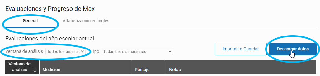 pestaña General en la página Detalles del estudiante, la lista desplegable Ventana de análisis y el botón Descargar datos