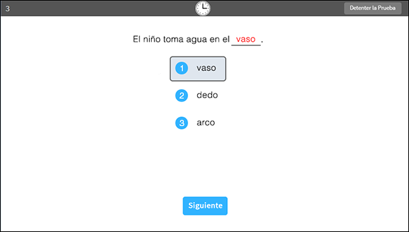 A sample practice question; an answer has been selected, but it has not been entered yet by selecting the Siguiente button at the bottom. A clock at the top means time for the question is running out.