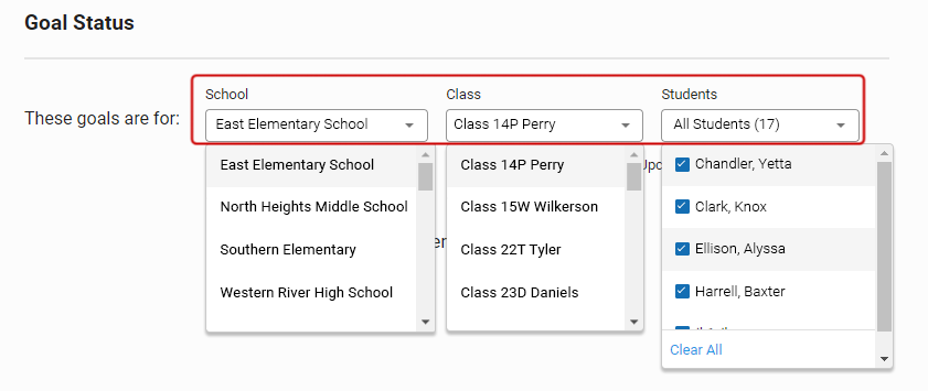 The School, Class, and Students drop-down lists.