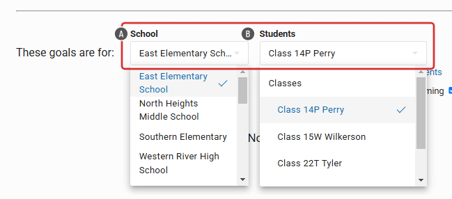 The School, Class, and Students drop-down lists.