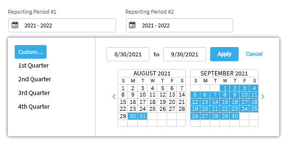 The user has chosen to select custom dates. A pop-up calendar is open, allowing the user to choose the dates. The dates can also be entered in the fields above the calendar. The Apply and Cancel buttons are in the upper-right corner of the pop-up window.