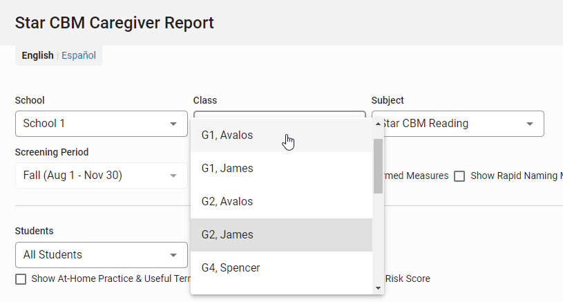 the Class drop-down list