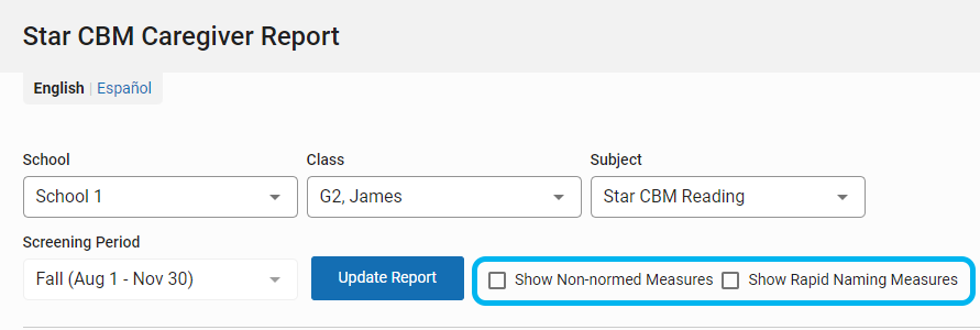 the check boxes to include non-normed measures and to include Rapid Automatic Naming measures