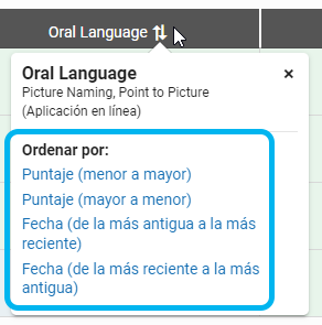 ejemplo de las opciones para ordenar una columna de evaluación