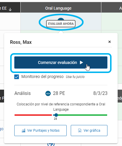 Ícono de Evaluar ahora y ventana emergente con la opción Comenzar evaluación