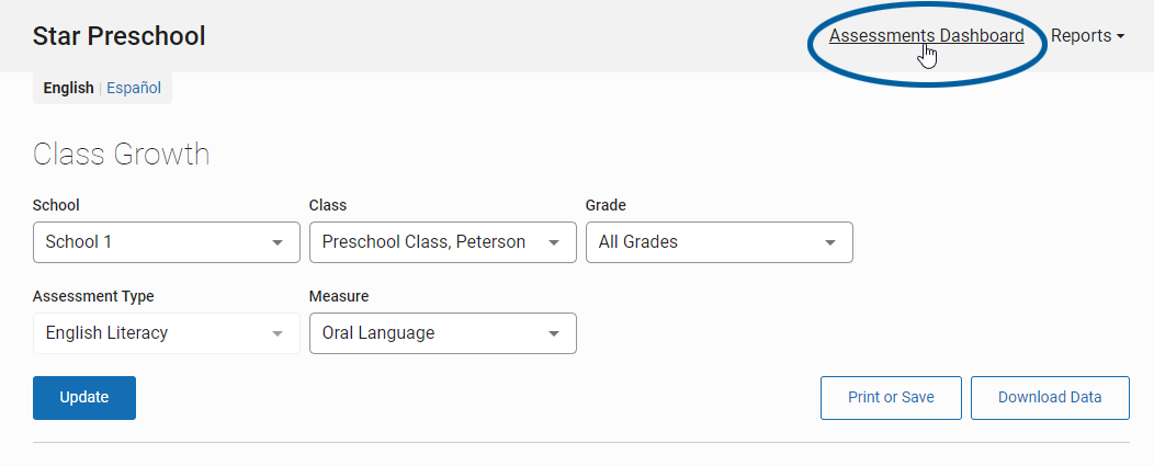 the Assessments Dashboard link