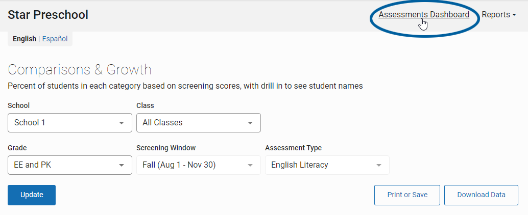 the Assessments Dashboard link