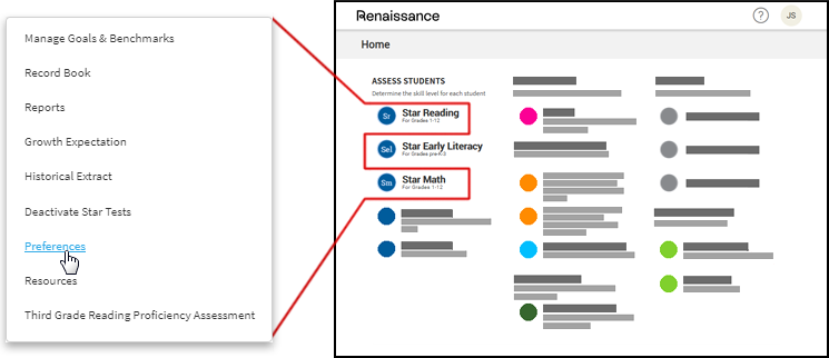 The Star Reading and Star Math links on the home page, with the Preferences link highlighted.