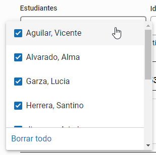 ejemplo de la lista desplegable de Estudiantes