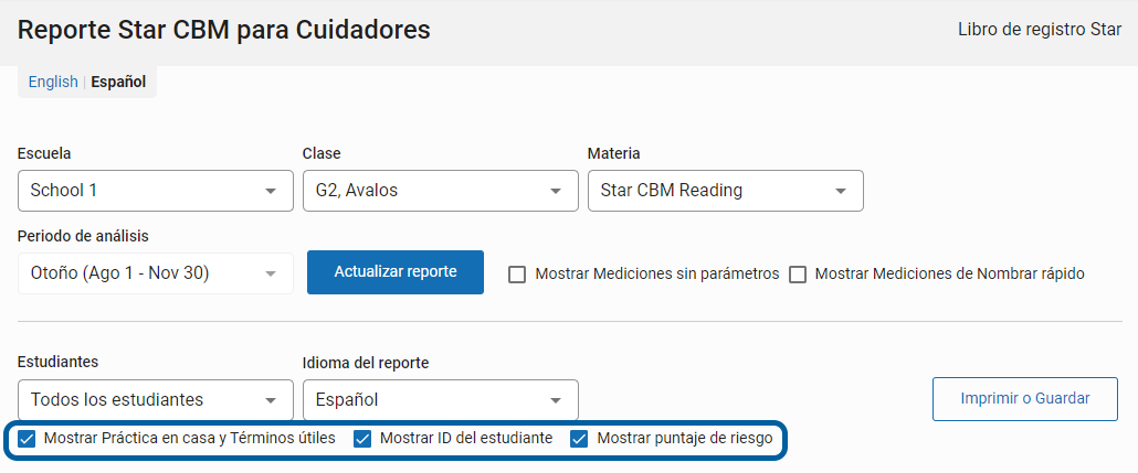 casilla de verificación Mostrar práctica en casa y términos útiles