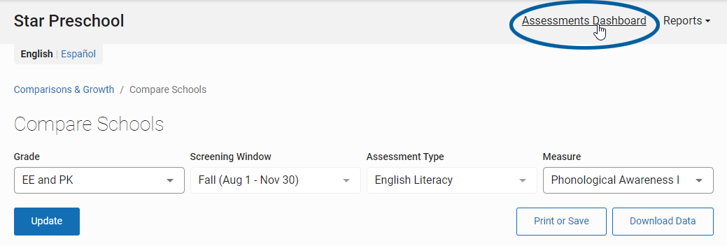 the Assessments Dashboard link