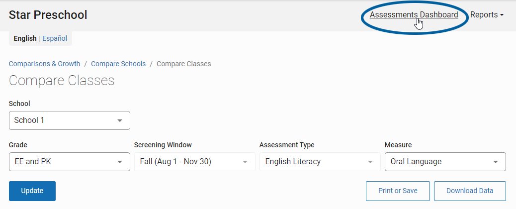 the Assessments Dashboard link