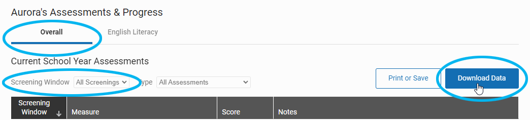 the Overall tab, the Screening Window drop-down list, and the Download Data button