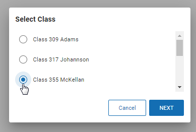 The Select a Class pop-up window, showing three classes a student is enrolled in that can administer the mySAEBRS survey. The Cancel and Next buttons are at the bottom.