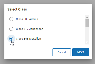 The Select a Class pop-up window, showing three classes a student is enrolled in that can administer the mySAEBRS assessment. The Cancel and Next buttons are at the bottom.