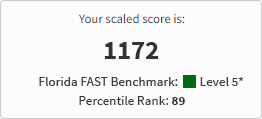 The panel reads: Your scaled score is 1172. Florida FAST Benchmark: Level 5. Percentile Rank: 89.