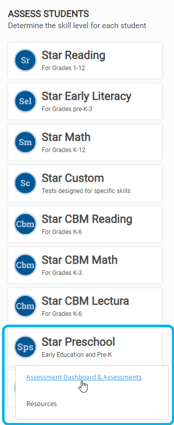 the Star Preschool menu and the Assessment Dashboard and Assessments link