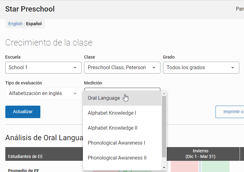 lista desplegable de Mediciones