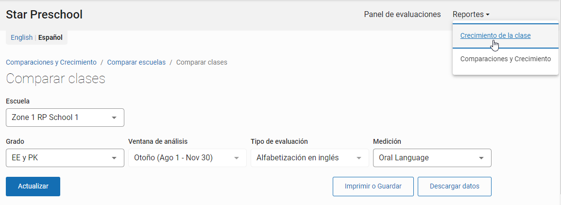 menú Reportes y vínculo Crecimiento de la clase