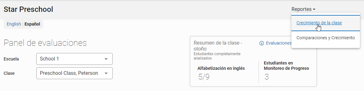 el vínculo Crecimiento de la clase en el menú Reportes