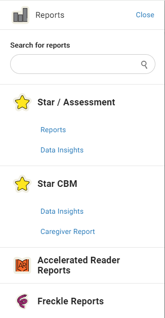 an example of available reports and the report search field