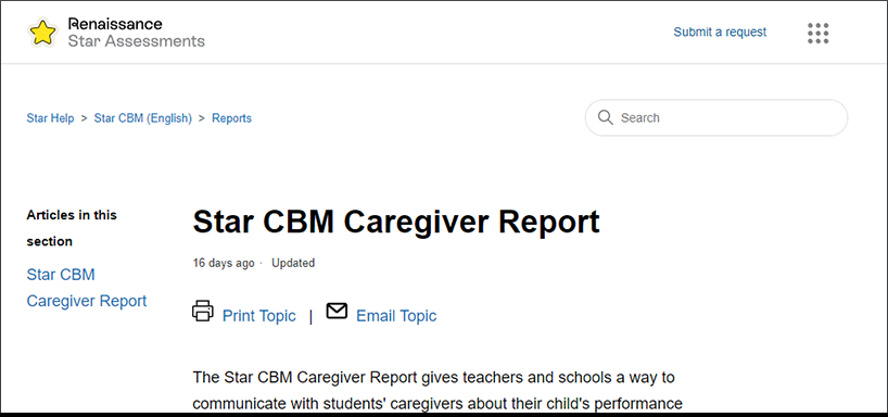 Star CBM Caregiver Report help page