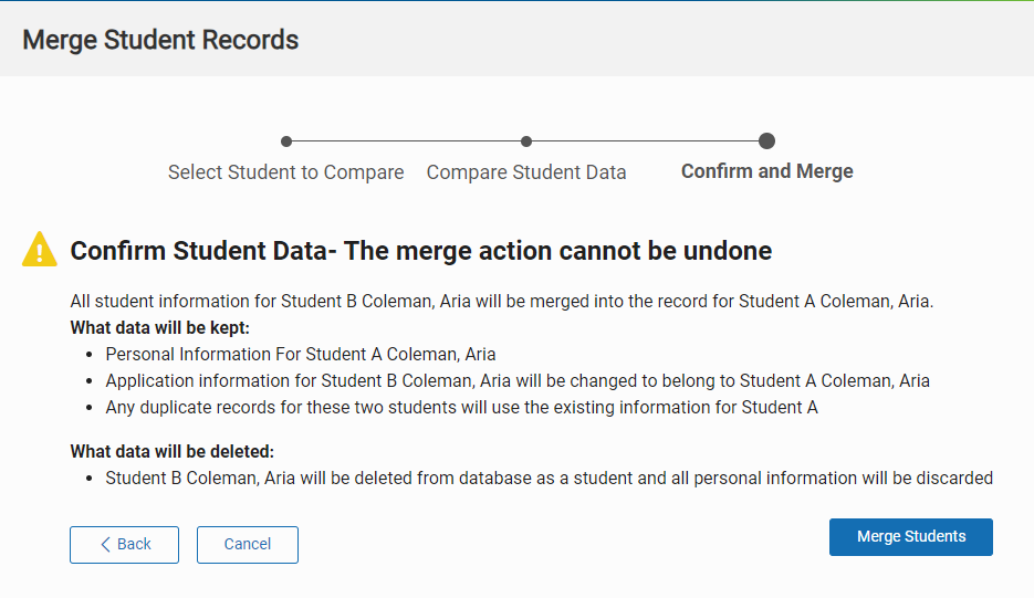 the Confirm Merge page with information about what happens when the records are merged