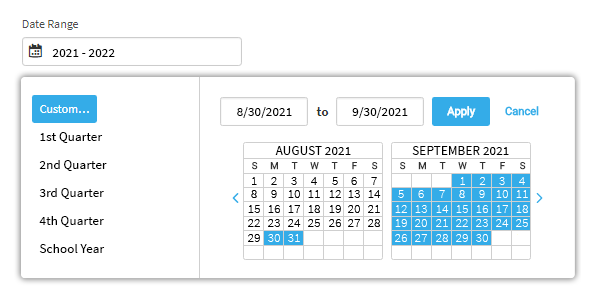 The user has chosen to select custom dates. A pop-up calendar is open, allowing the user to choose the dates. The dates can also be entered in the fields above the calendar. The Apply and Cancel buttons are in the upper-right corner of the pop-up window.