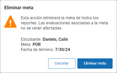 la ventana de confirmación para eliminar una meta