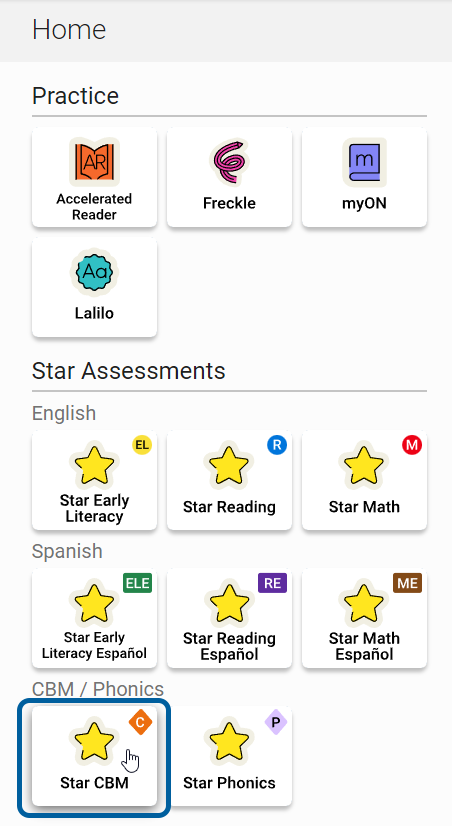 el estudiante selecciona Star CBM en su página de Inicio