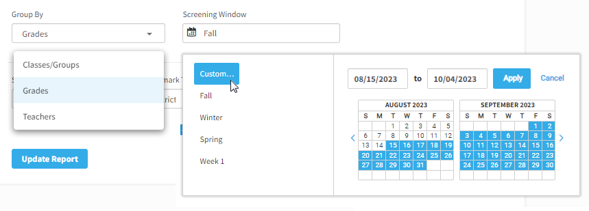 The Group By and Screening Window drop-down lists. The pop-up calendar for custom dates is open, with the Apply and Cancel buttons in the upper-right corner.