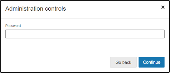 The Administration controls window, with a blank password field. The Go back and Continue buttons are at the bottom.