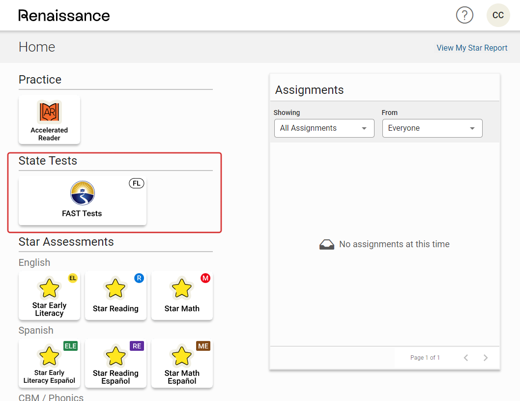 The student home page, with a tile for the Test Delivery Platform