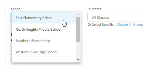 One school being selected from the School drop-down list.