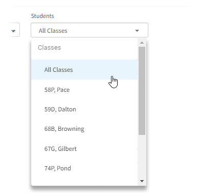 All Classes being selected from the Students drop-down list.